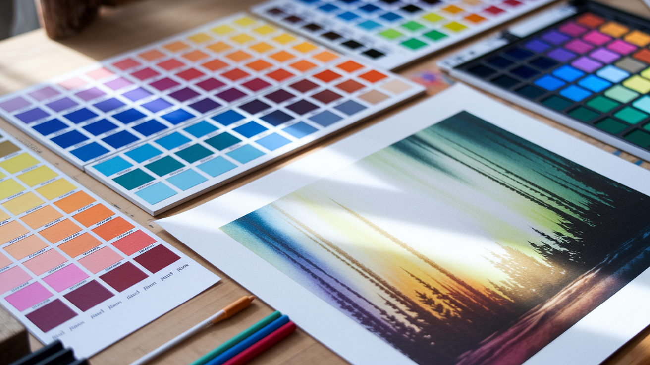 Color palette adaptation techniques for drawing showing mood definition, focus creation, and element harmonization using Google-inspired principles