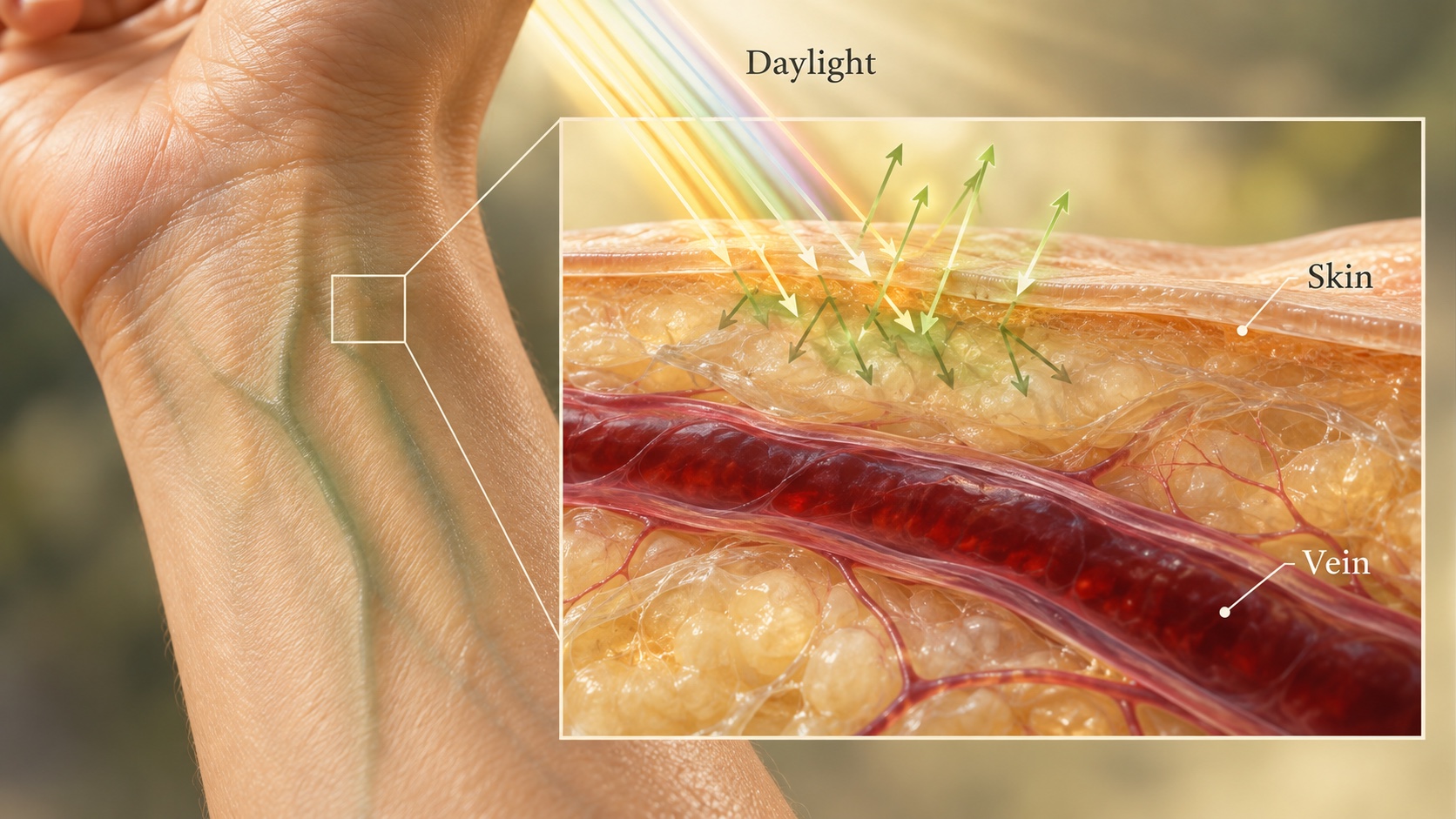 Illustrated skin cross-section with daylight entering skin above a dark red vein and green-appearing color at the surface