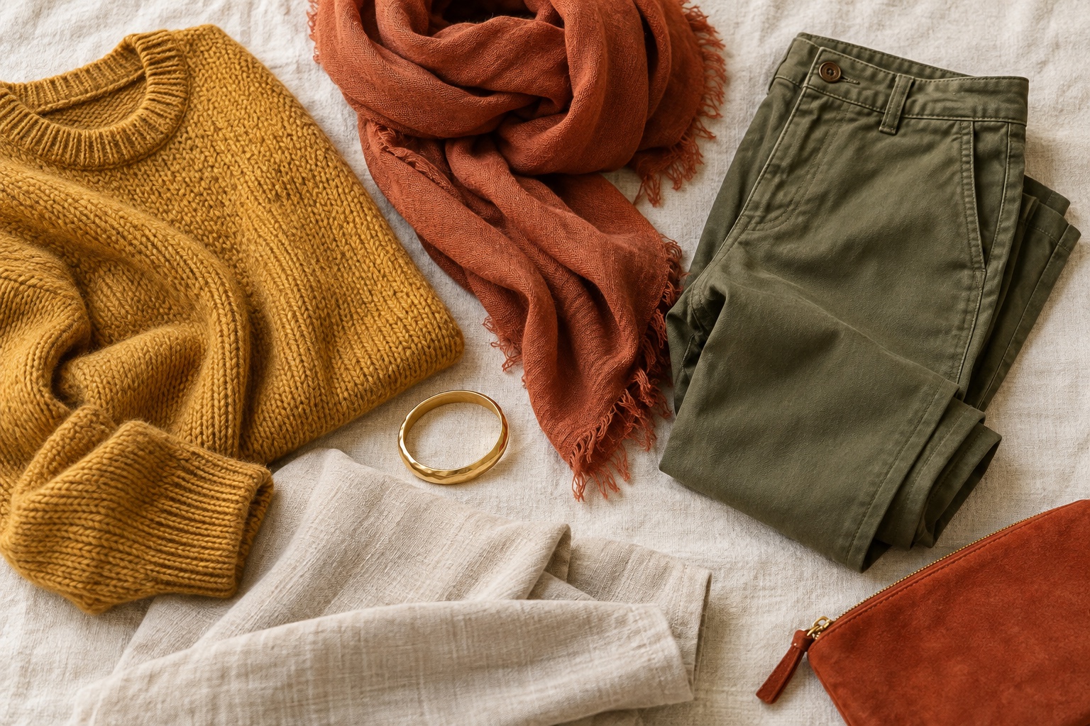 Flatlay of mustard knitwear, terracotta scarf, olive chinos, warm beige fabric, rust accessory, and a yellow gold bangle