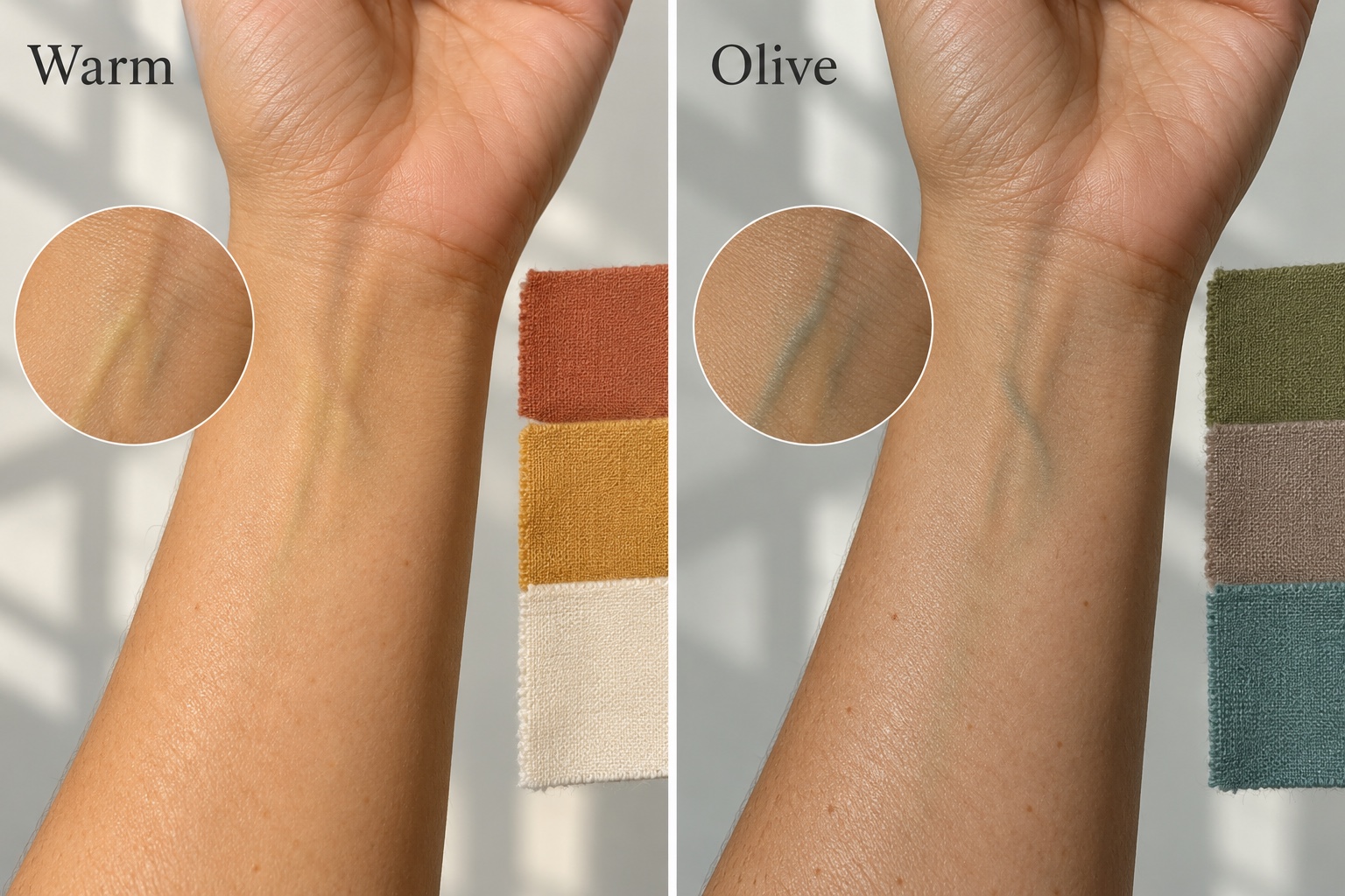 Split comparison of a golden warm wrist and a muted olive wrist with green-looking veins and coordinating fabric swatches