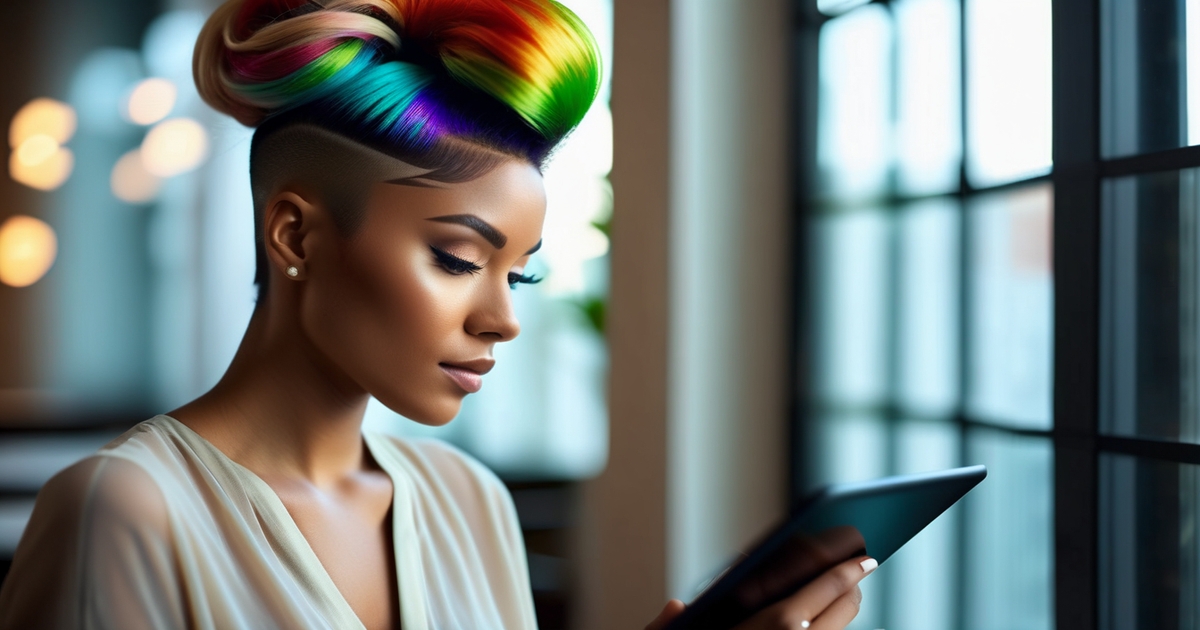 Realistic diverse woman looking at digital device showing hair color simulation limitations
