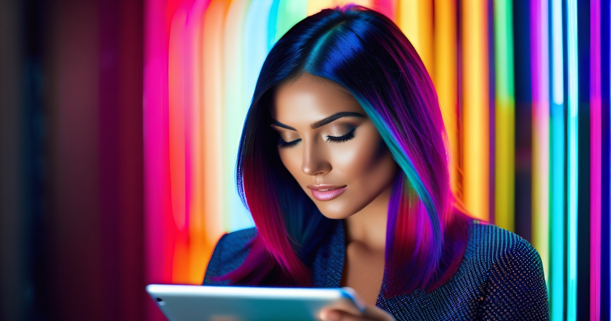 Realistic woman looking at digital hair color preview on device screen