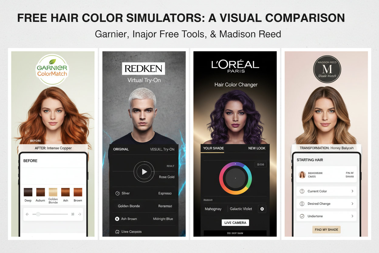 Hair Color Simulator Online section visual for The Major Free Tools Side by Side: Garnier, Redken, L'Oréal Paris, and Madison Reed