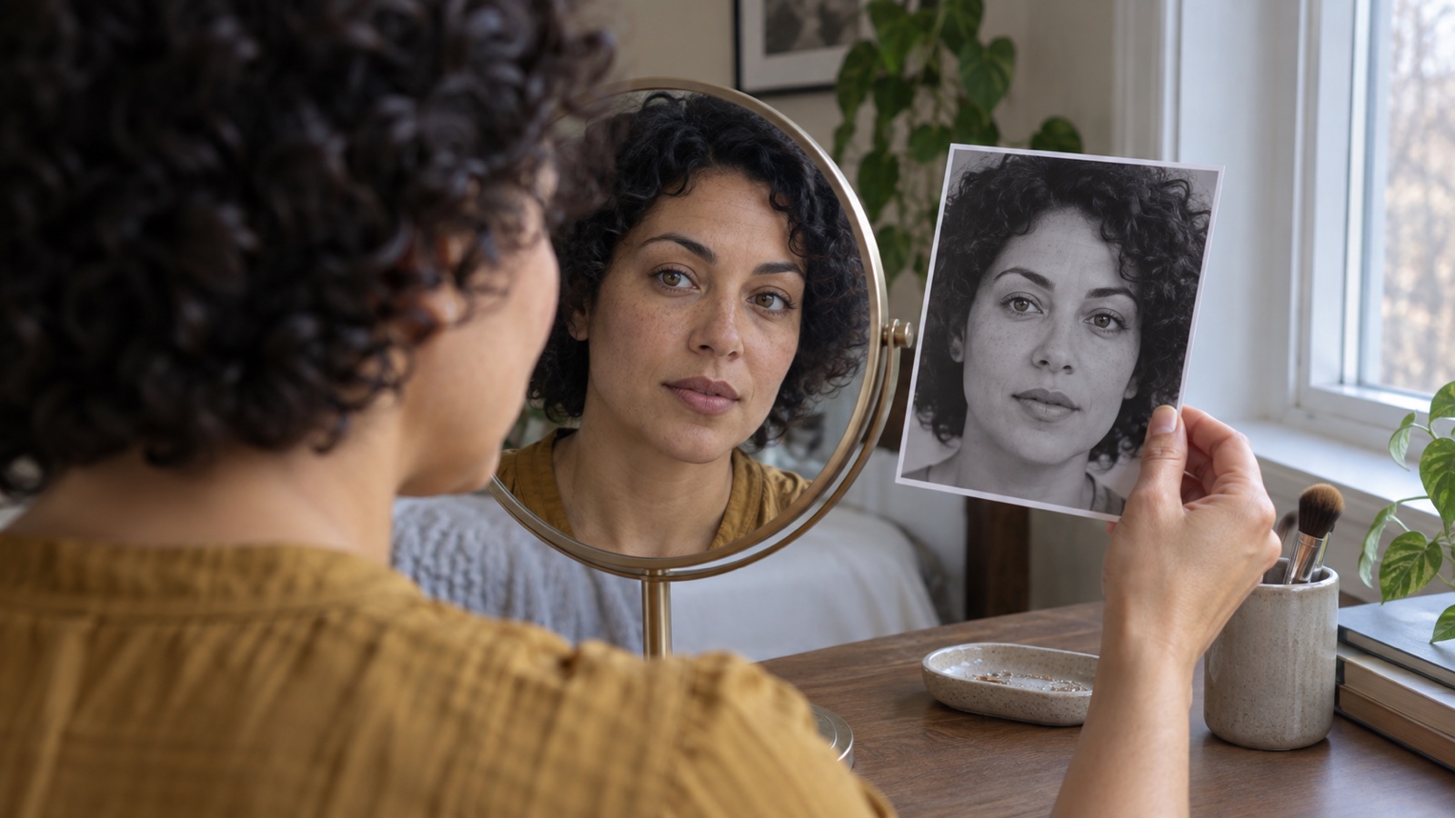 Woman comparing her face in a mirror with a grayscale portrait print in daylight