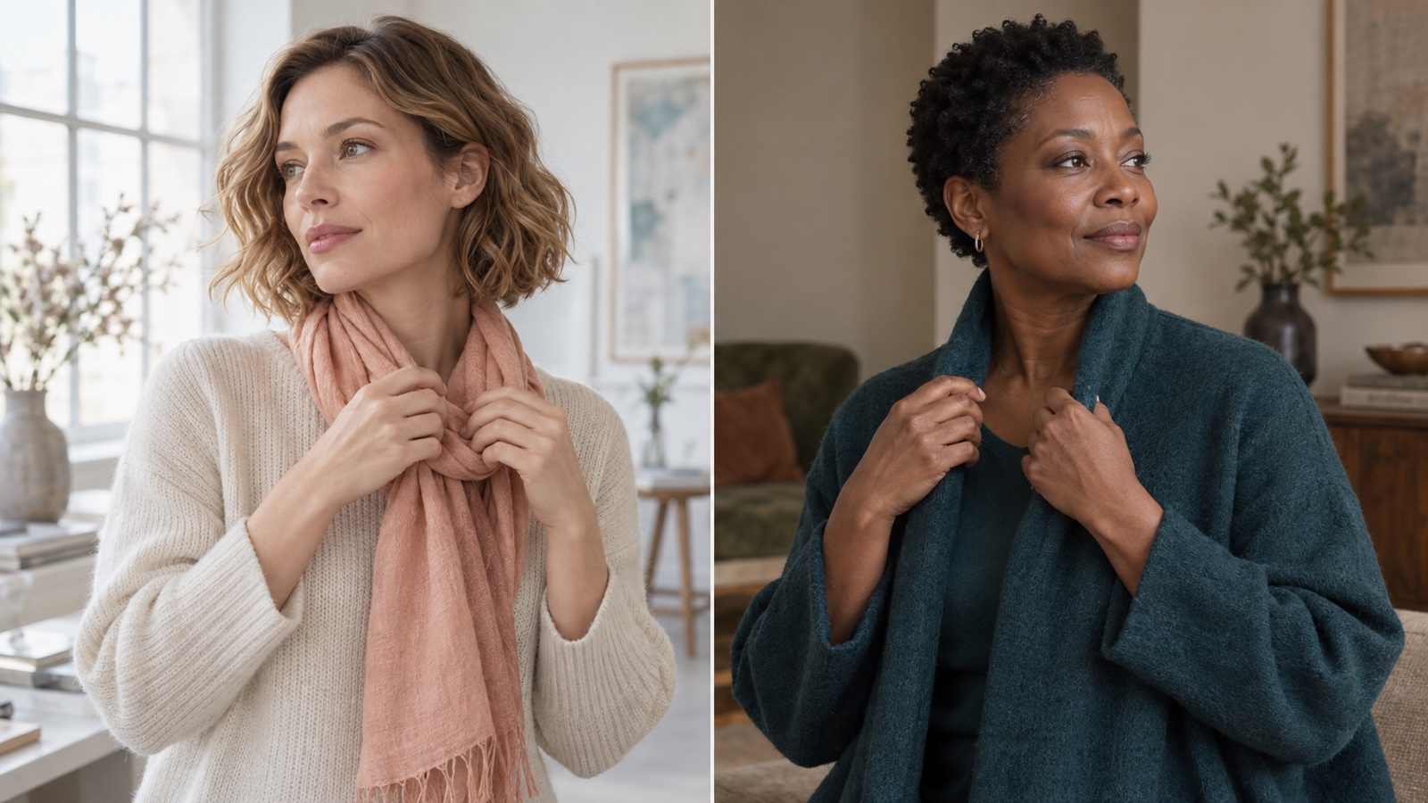 Fair woman in soft peach and deep-skinned woman in deep teal showing low contrast at different skin depths