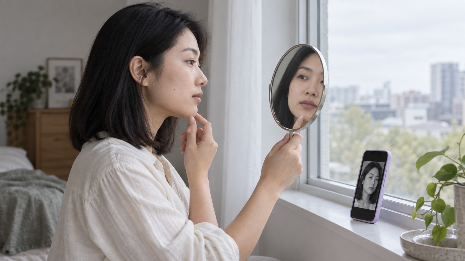 Woman checking her face in a mirror by a window with a grayscale portrait on her phone