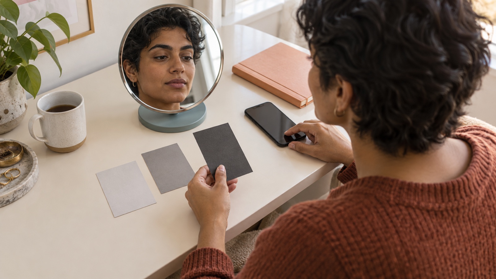 Person comparing light medium and dark grayscale cards beside a mirror