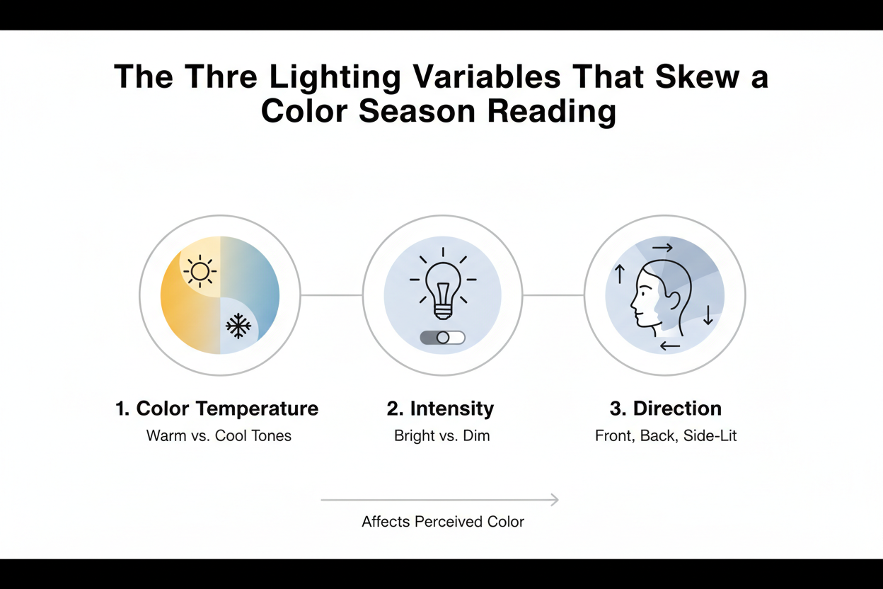 How Lighting Changes Color Analysis Results section visual for The Three Lighting Variables That Skew a Color Season Reading