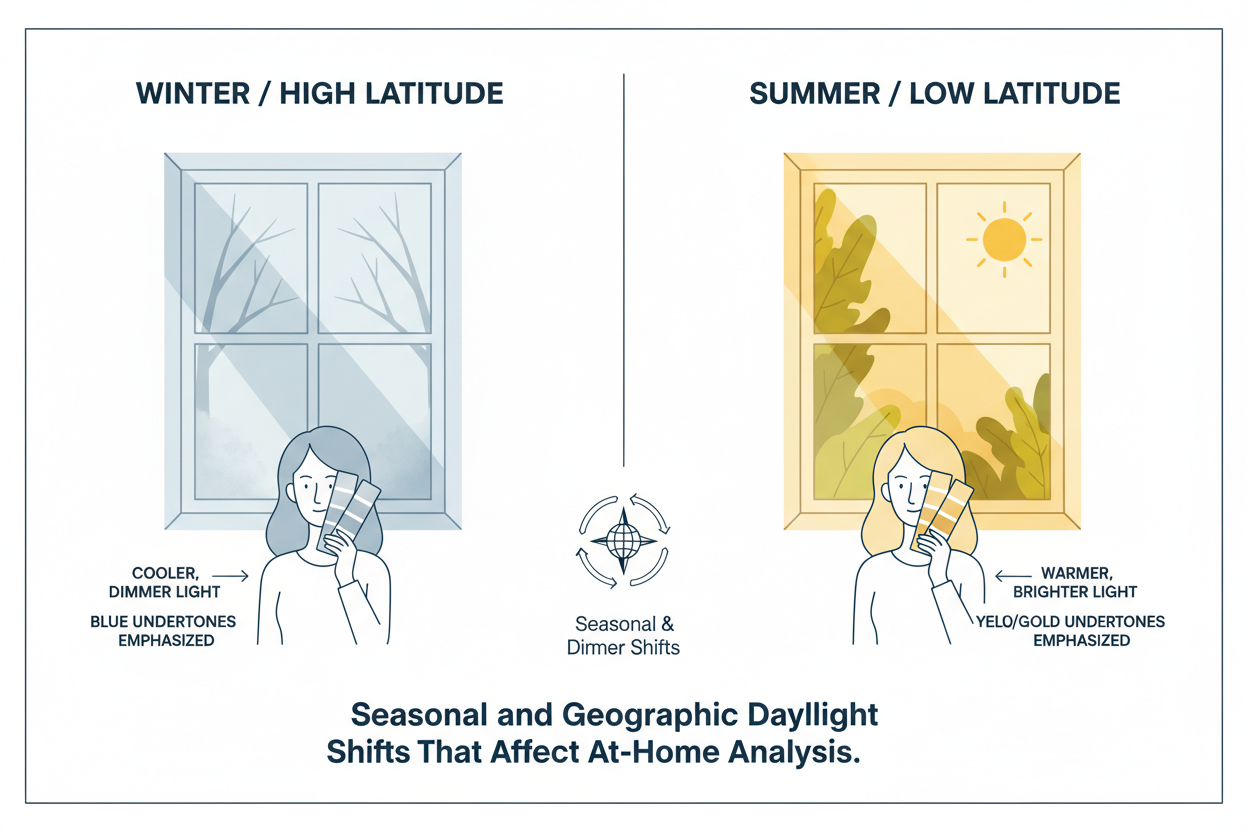 How Lighting Changes Color Analysis Results section visual for Seasonal and Geographic Daylight Shifts That Affect At-Home Analysis