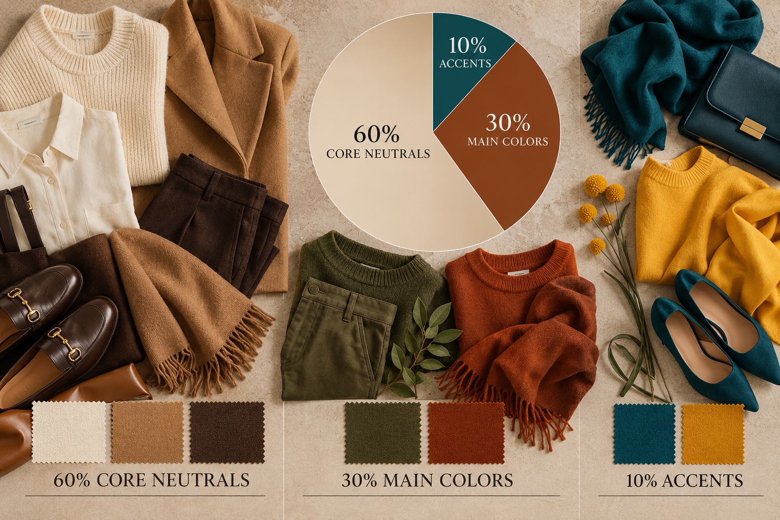 Clothing and fabric flatlay with a pie chart showing 60 percent core neutrals, 30 percent main colors, and 10 percent accents