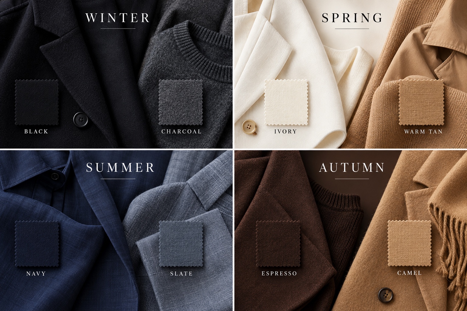 Four season neutral selector showing Winter black and charcoal, Spring ivory and warm tan, Summer navy and slate, and Autumn espresso and camel