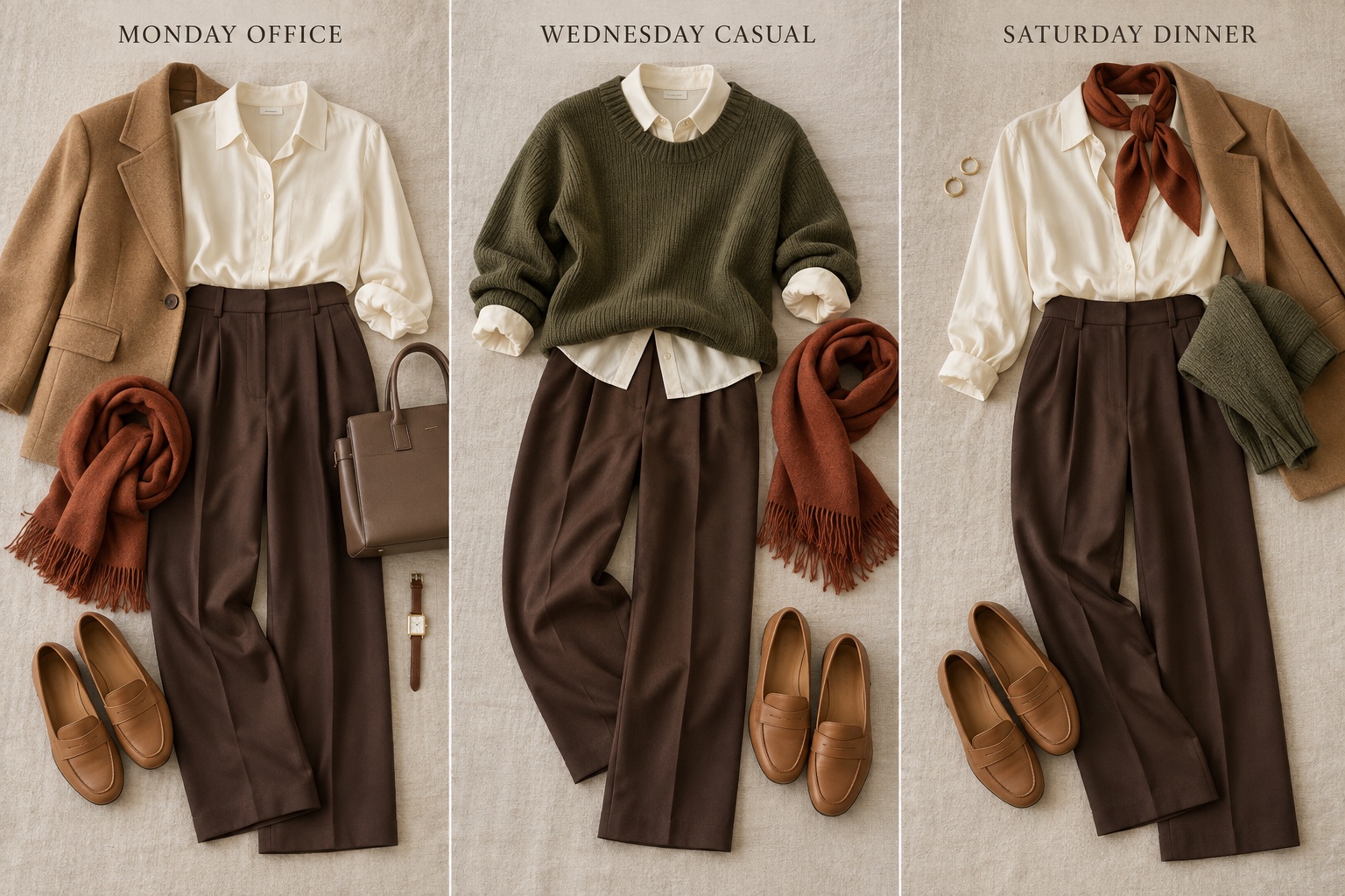 Three labeled flatlay outfits for Monday office, Wednesday casual, and Saturday dinner reusing a cream blouse, chocolate trousers, olive knit, camel jacket, rust scarf, and tan loafers