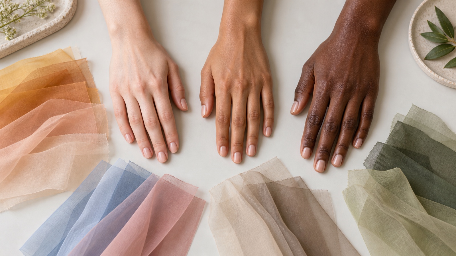 Hands at three skin depths beside warm cool neutral and olive translucent fabric colors