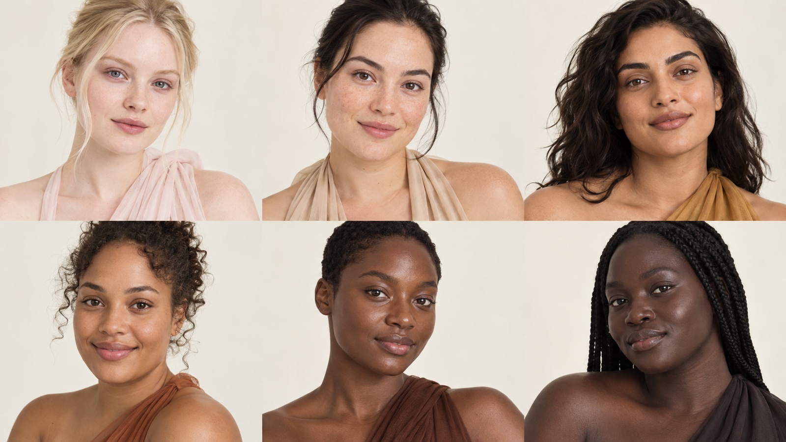Six adults spanning very fair to very deep complexions in consistent neutral daylight