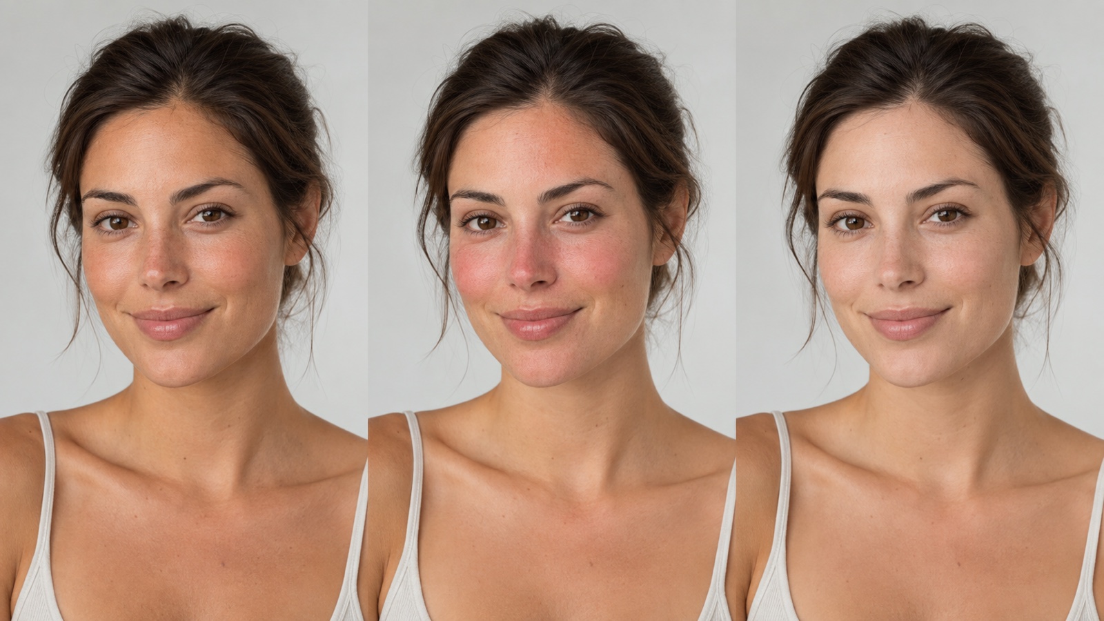 Same woman shown with a light tan temporary flushing and her usual bare skin color