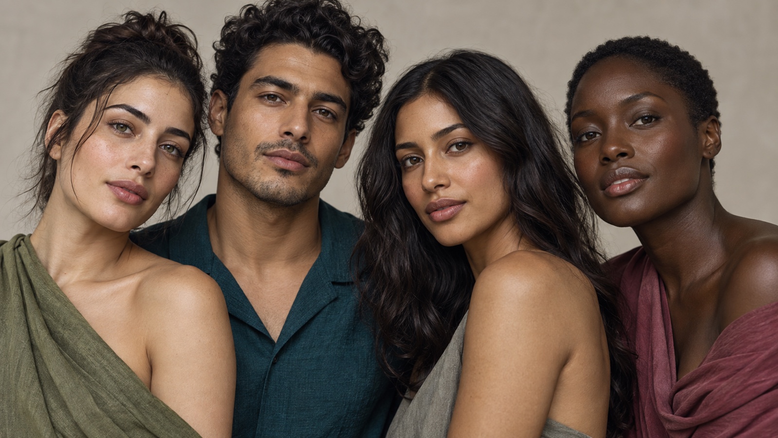 Four adults with olive undertones across light medium tan and deep skin depths