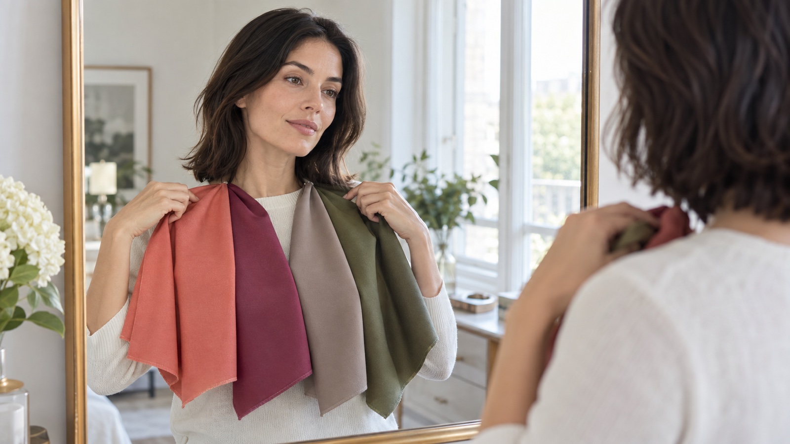Woman comparing coral berry taupe and olive fabric drapes beside a daylight mirror