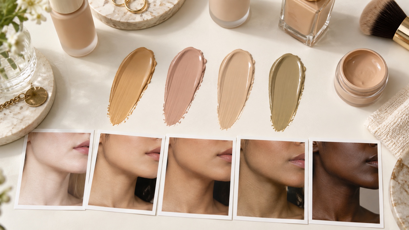 Warm cool neutral and olive foundation swatches arranged above diverse jawline photos