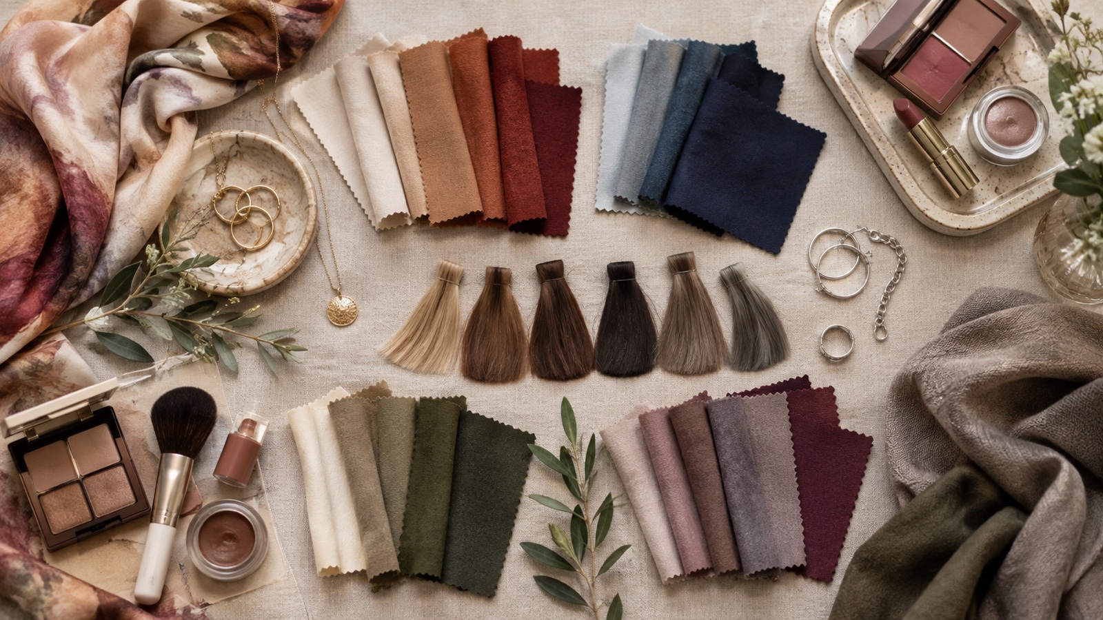 Coordinated warm cool neutral and olive fabrics makeup hair swatches and metal jewelry