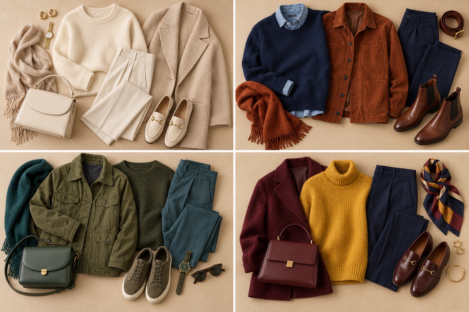 Four fashion flatlays showing beige monochrome, navy and rust complement, olive and teal analogous pairing, and burgundy mustard navy triad