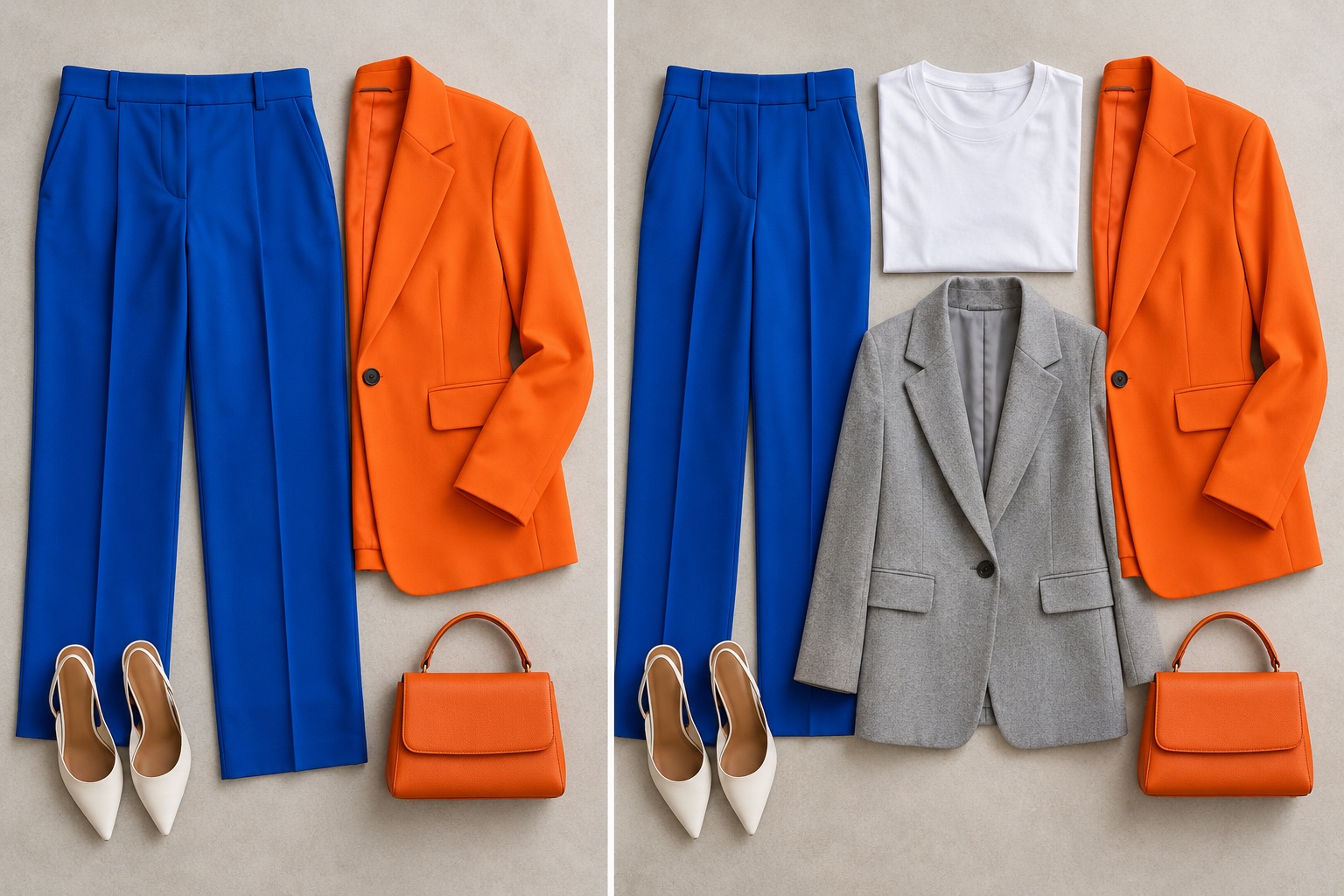 Side-by-side outfit flatlay comparing vivid blue and orange garments alone with the same colors separated by white and gray neutral layers
