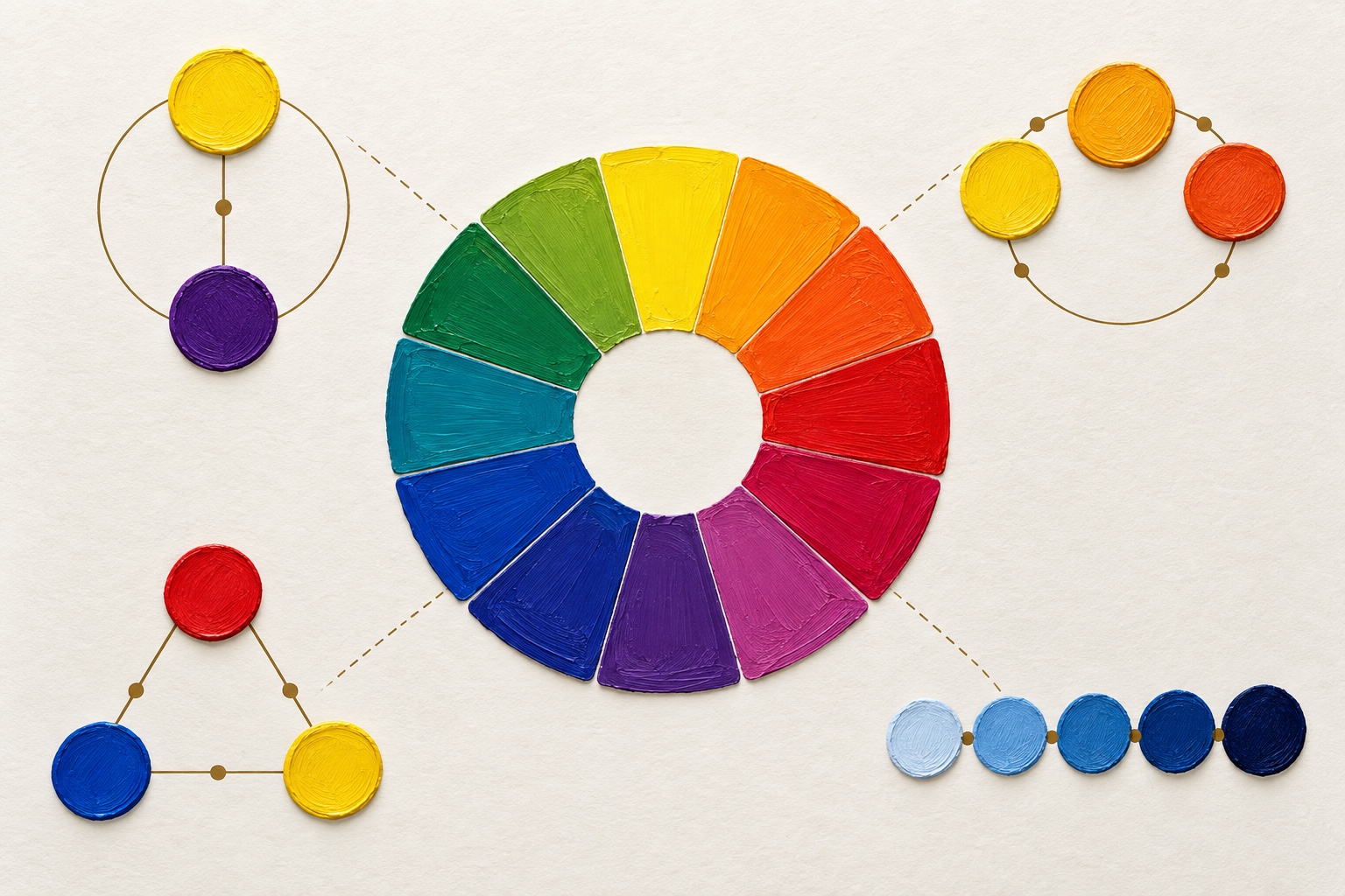 Photographic twelve-hue color wheel with visual markers for opposite, neighboring, three-point, and single-hue schemes