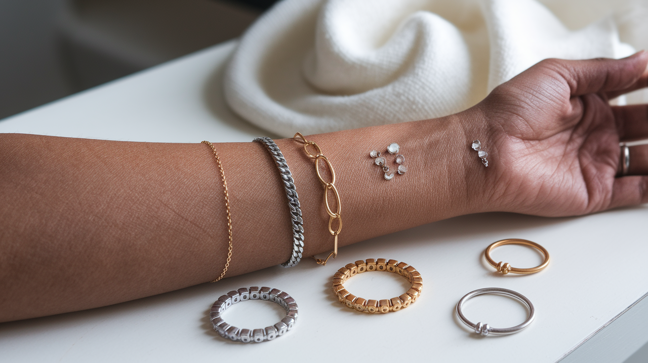 Woman performing undertone identification tests including vein test and jewelry comparison