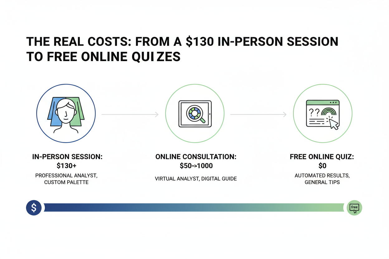 Is Seasonal Color Analysis Worth It section visual for The Real Costs: From a $130 In-Person Session to Free Online Quizzes