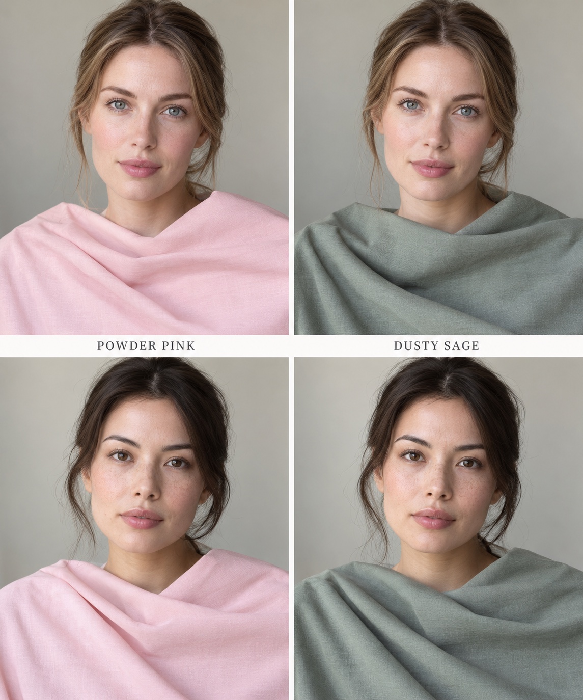 Two fictional models each hold powder pink and dusty sage cloth at the neckline under consistent light