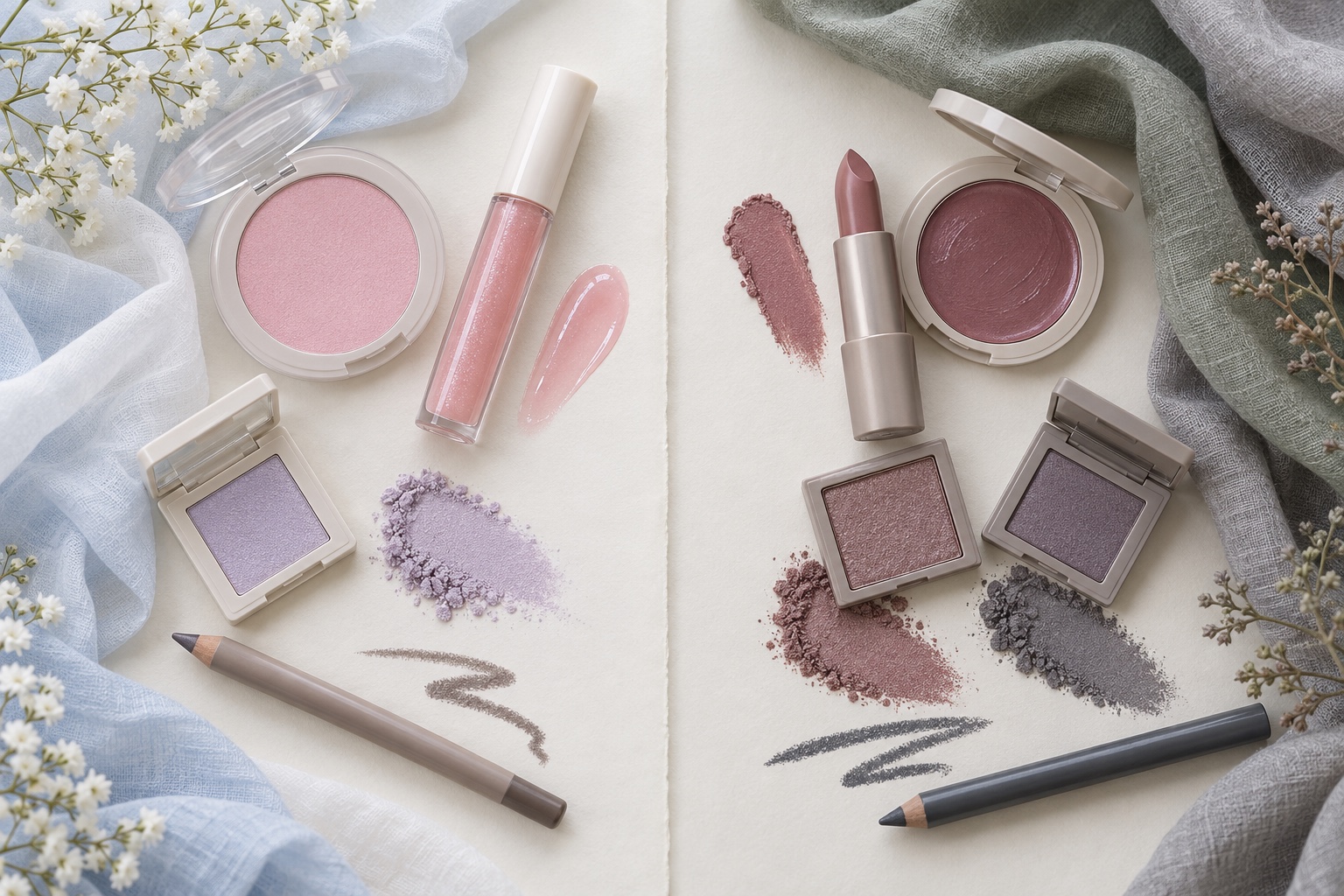 Makeup flatlay pairs pastel pink blush and clear pink gloss with muted plum blush and mauve lipstick