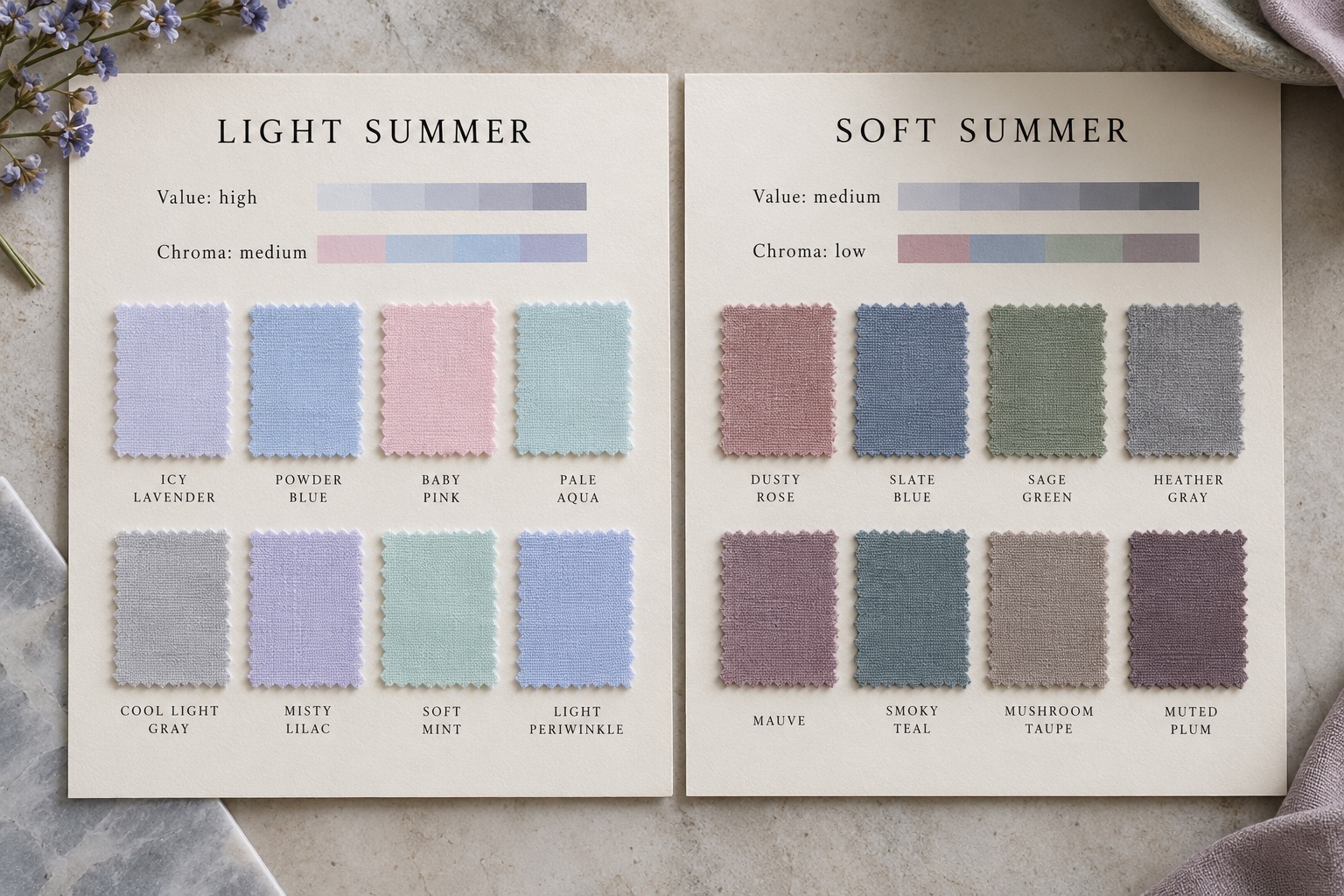 Two labeled boards each hold eight fabric swatches, with pale cool colors on the left and gray-muted medium colors on the right