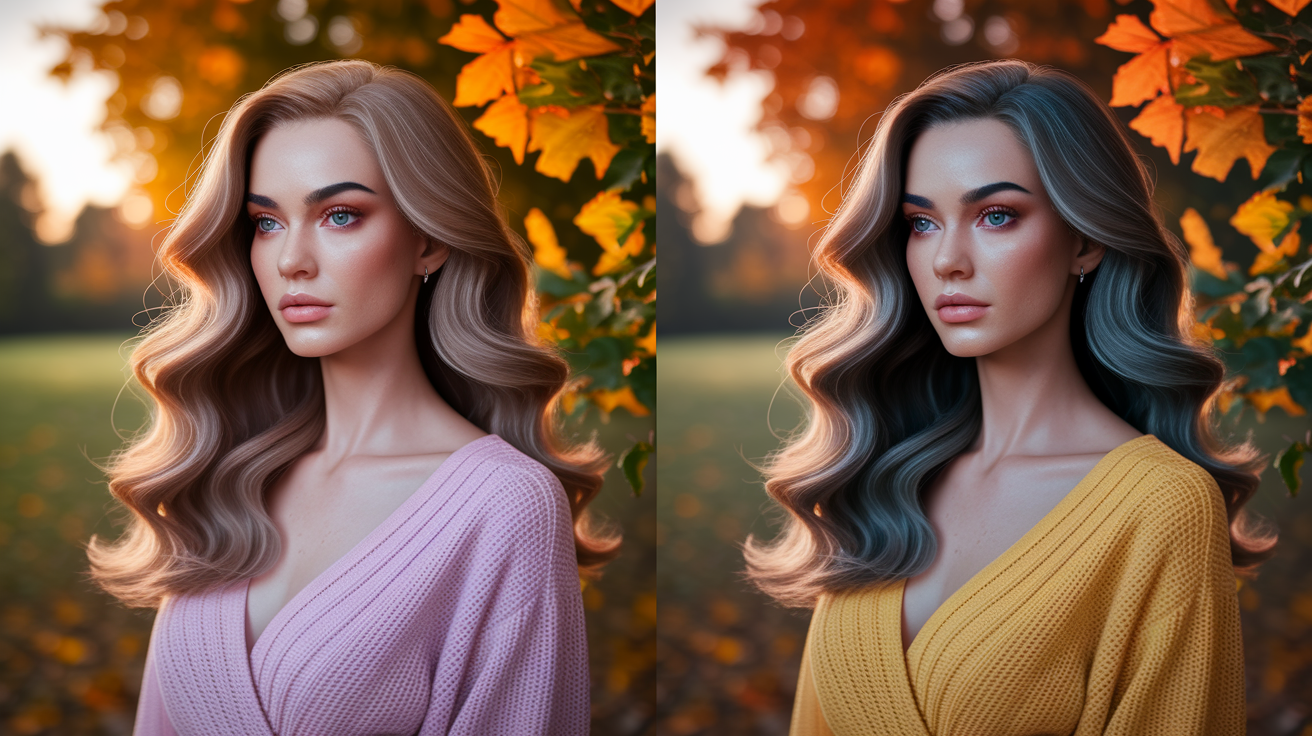 Woman with true autumn hair colors shown in different lighting conditions demonstrating how light affects appearance