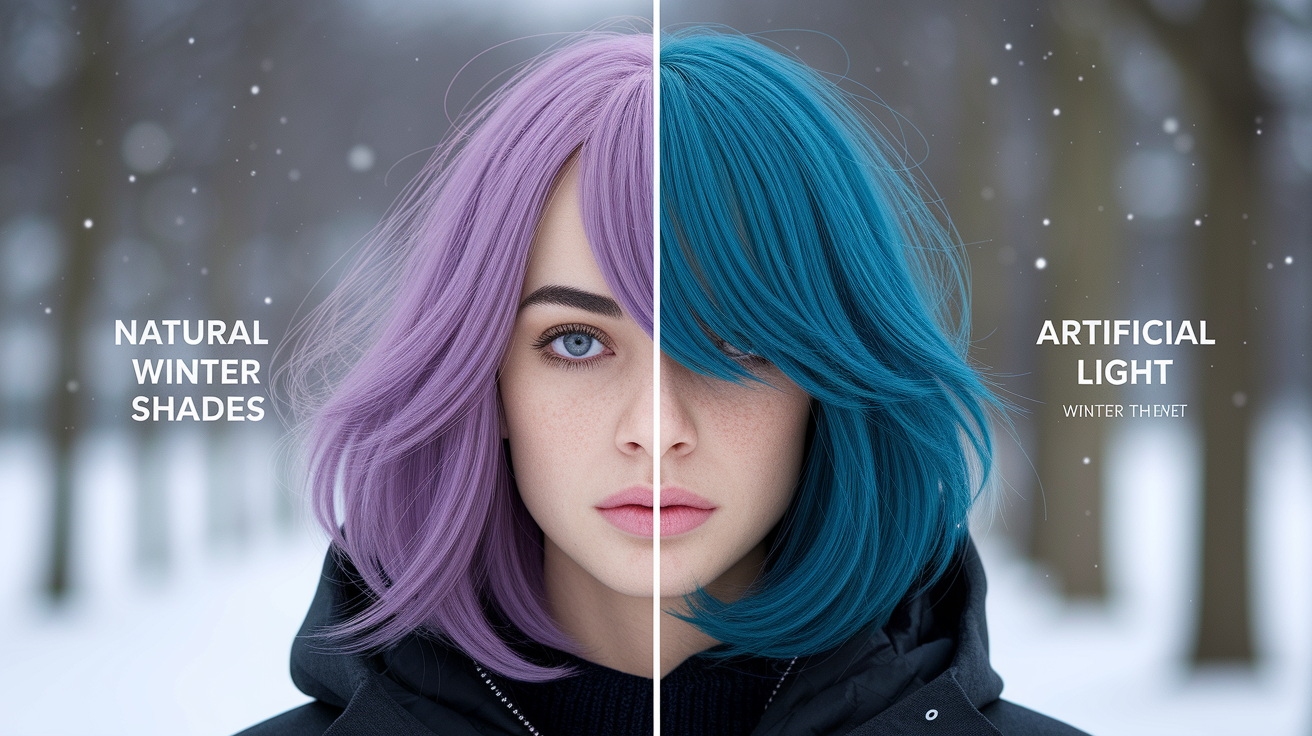 Woman with true winter hair colors shown in different lighting conditions demonstrating the illusion of light