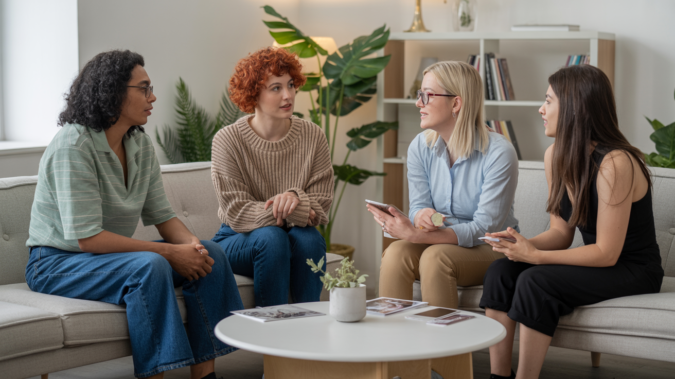 Warm community setting with women sharing color analysis experiences and referrals in friendly environment