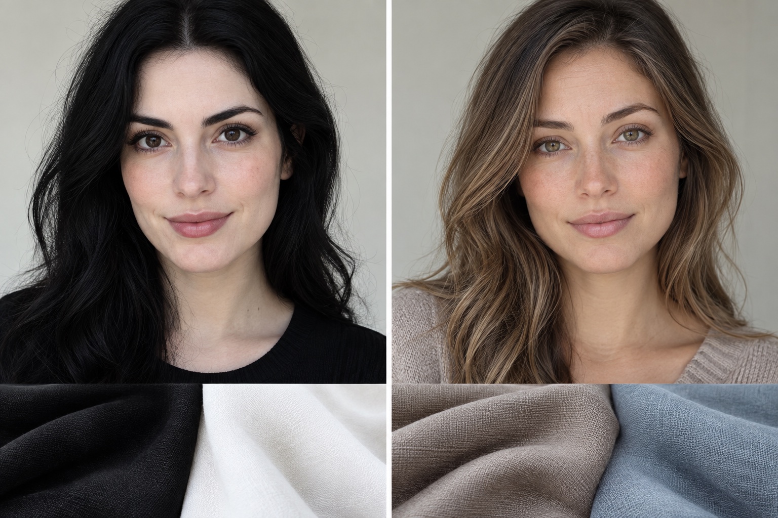 Side-by-side daylight portraits comparing pale skin and dark hair with softly blended hazel eyes and ash brown hair, with contrasting versus tonal fabric choices