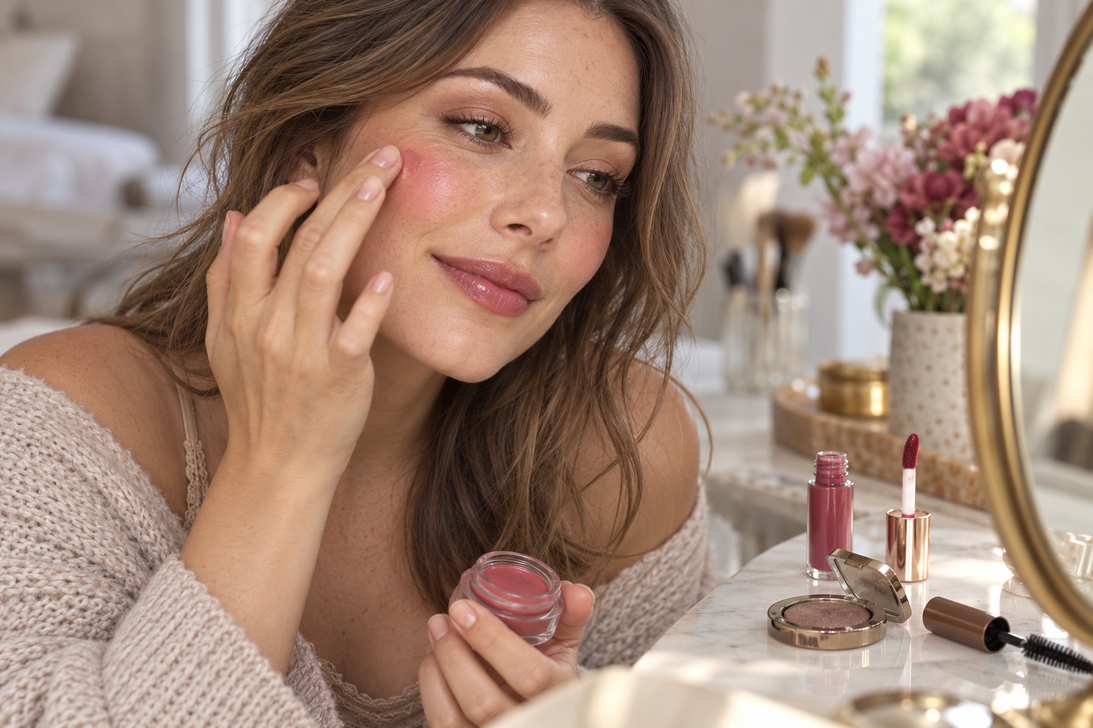 Woman in soft daylight blending cream blush beside a berry-rose lip tint, satin taupe shadow, and brown mascara