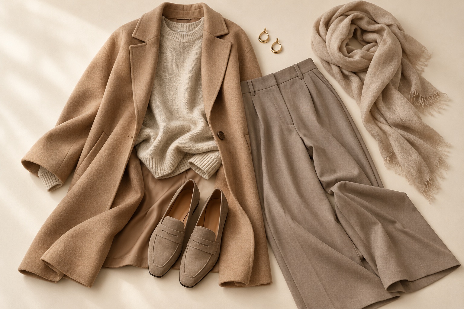 Overhead flatlay of a camel coat, oatmeal knit, soft taupe trousers, suede shoes, and beige scarf arranged as a tonal outfit