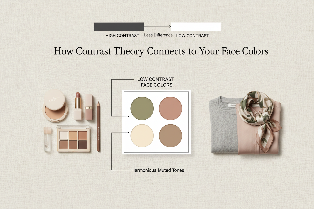 Low Contrast Face Colors section visual for How Contrast Theory Connects to Your Face Colors