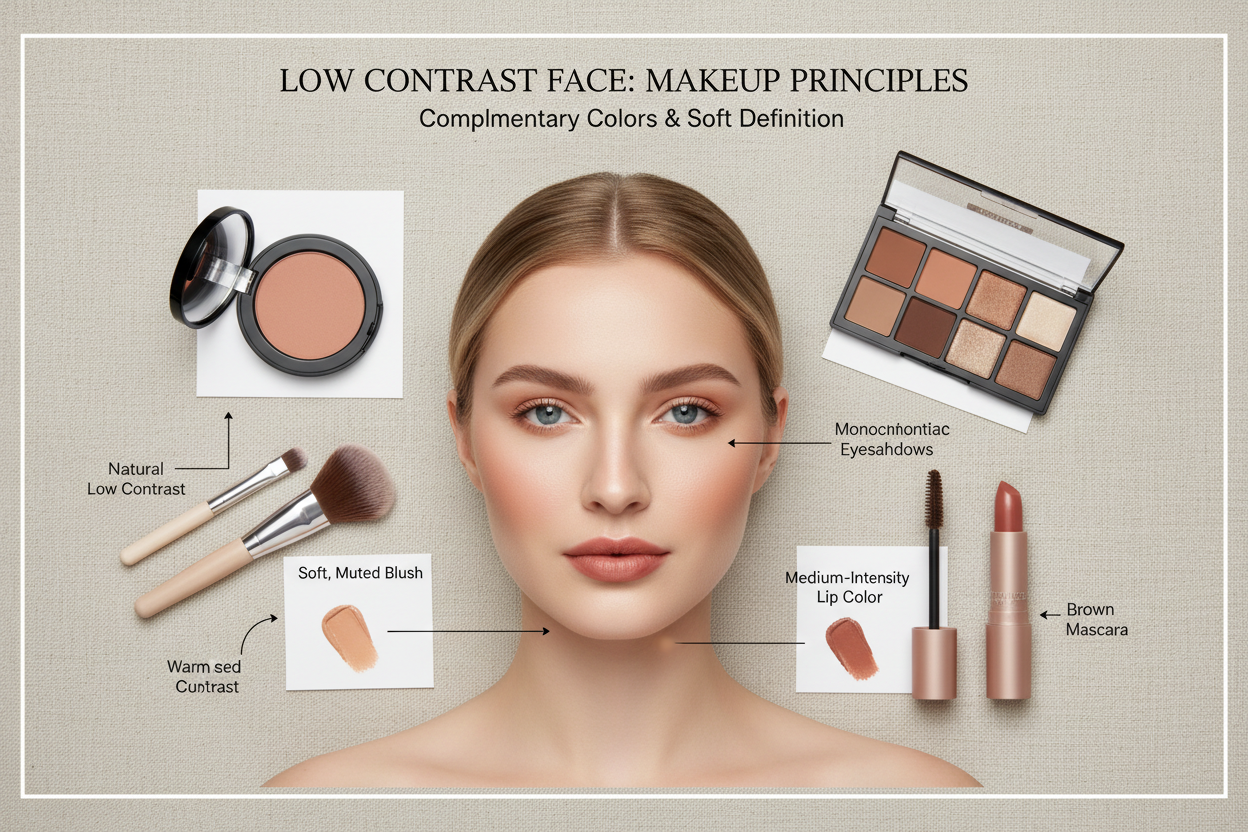 Low Contrast Face Colors section visual for Makeup Principles That Complement Low Contrast Features