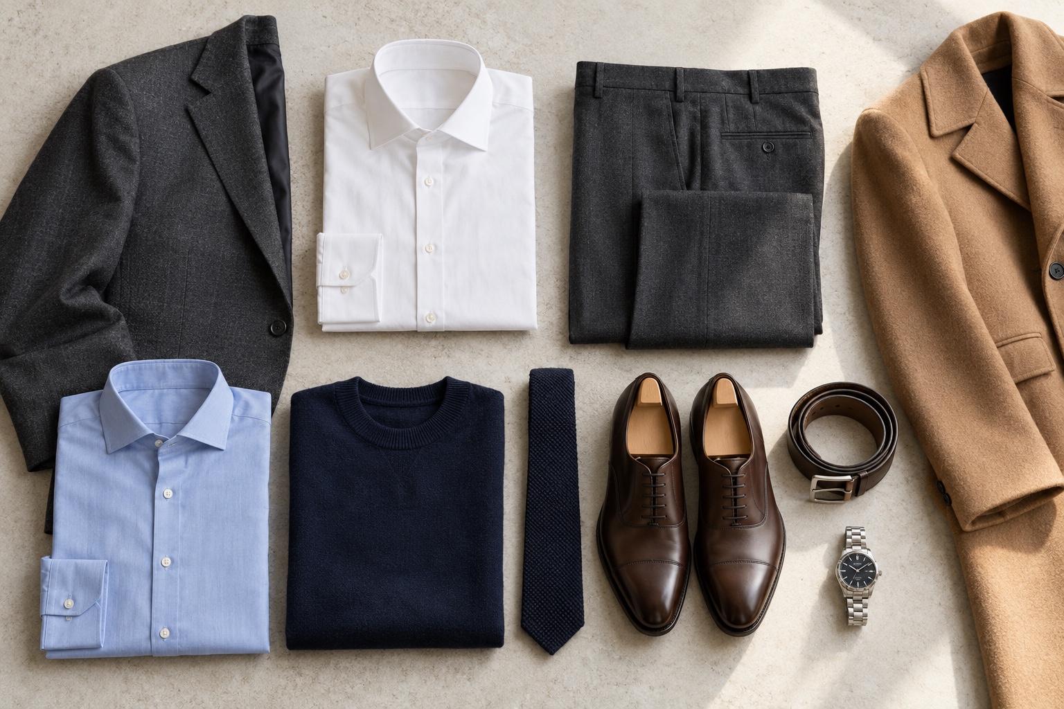 Overhead business capsule flatlay with charcoal jacket and trousers, white and light blue shirts, navy knit and tie, brown Oxford shoes and belt, silver watch, and camel coat
