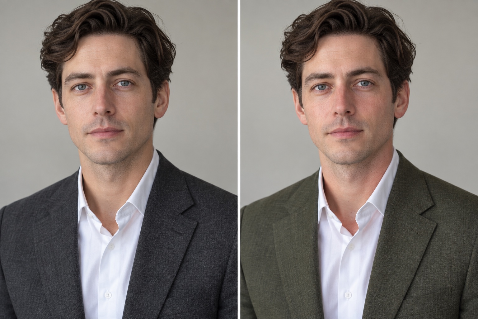 The same man in a white shirt photographed side by side under matched light, wearing a charcoal jacket on the left and an olive jacket on the right