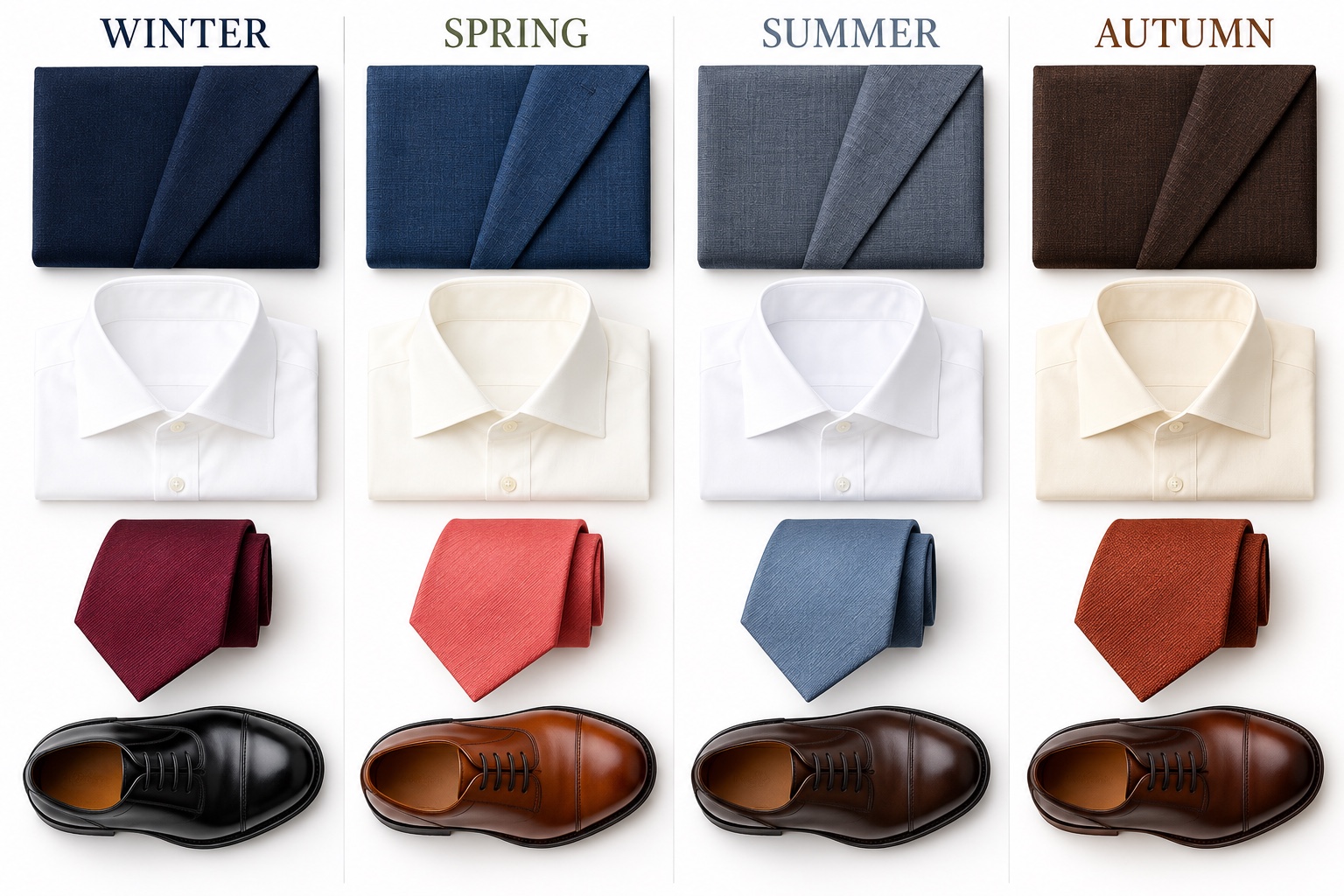 Four-column photographed matrix labeled Winter, Spring, Summer, and Autumn with a suit fabric, shirt, tie, and leather shoe in each column