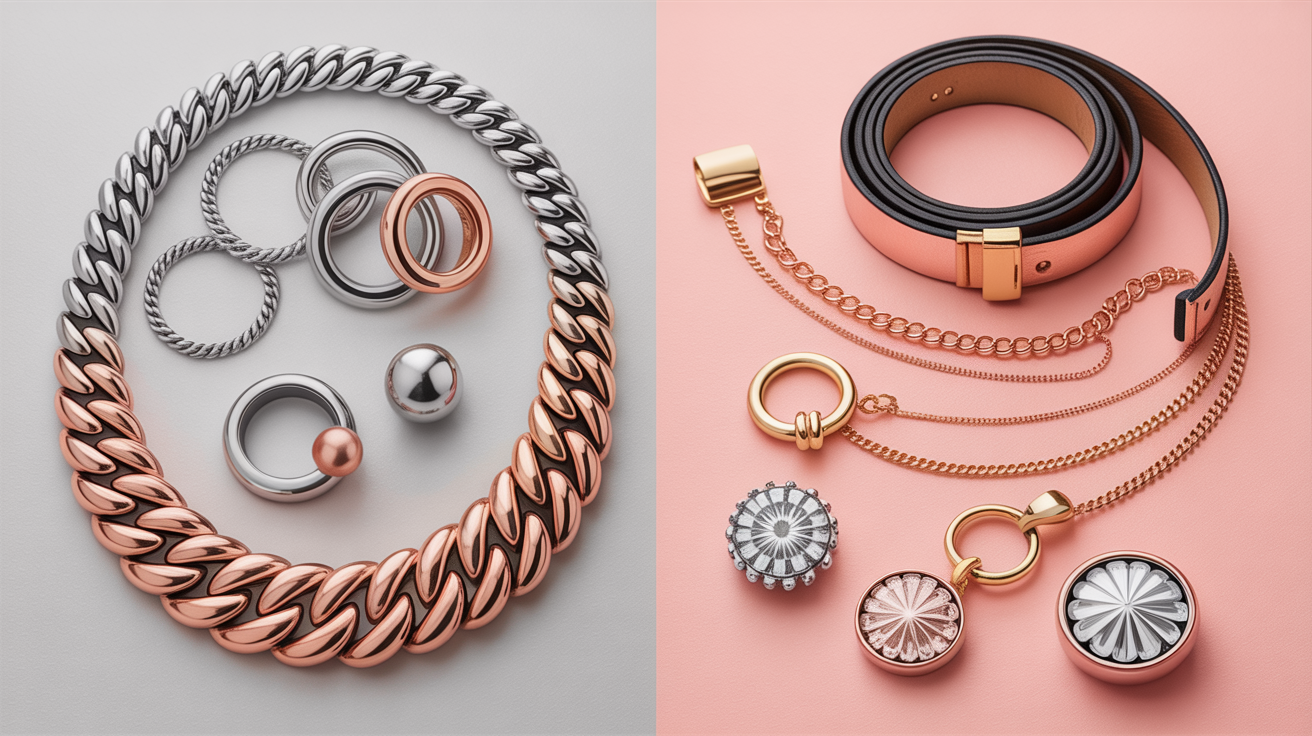 Elegant display of metallic accessories in gold, silver, and rose gold showing impact on skin undertones