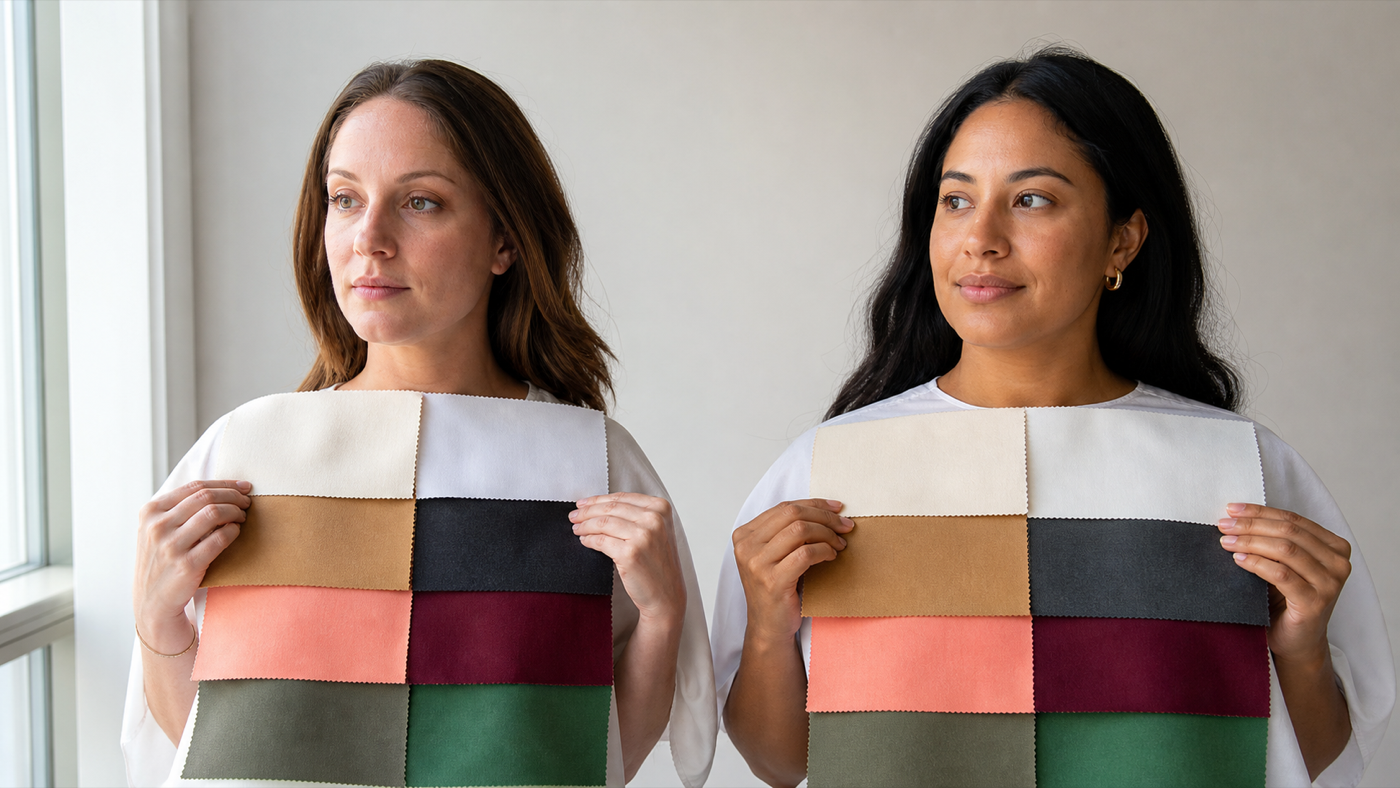 Neutral and olive complexions compared with balanced, smoky, warm, and cool fabric swatches