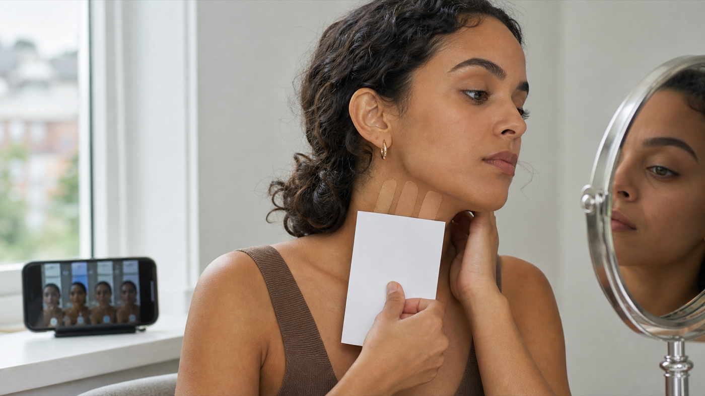 Woman checking neutral and olive swatches beside the jaw in indirect window light with a white reference card