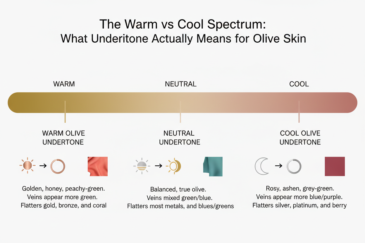 Olive Skin Warm vs Cool Undertone section visual for The Warm vs Cool Spectrum: What Undertone Actually Means for Olive Skin