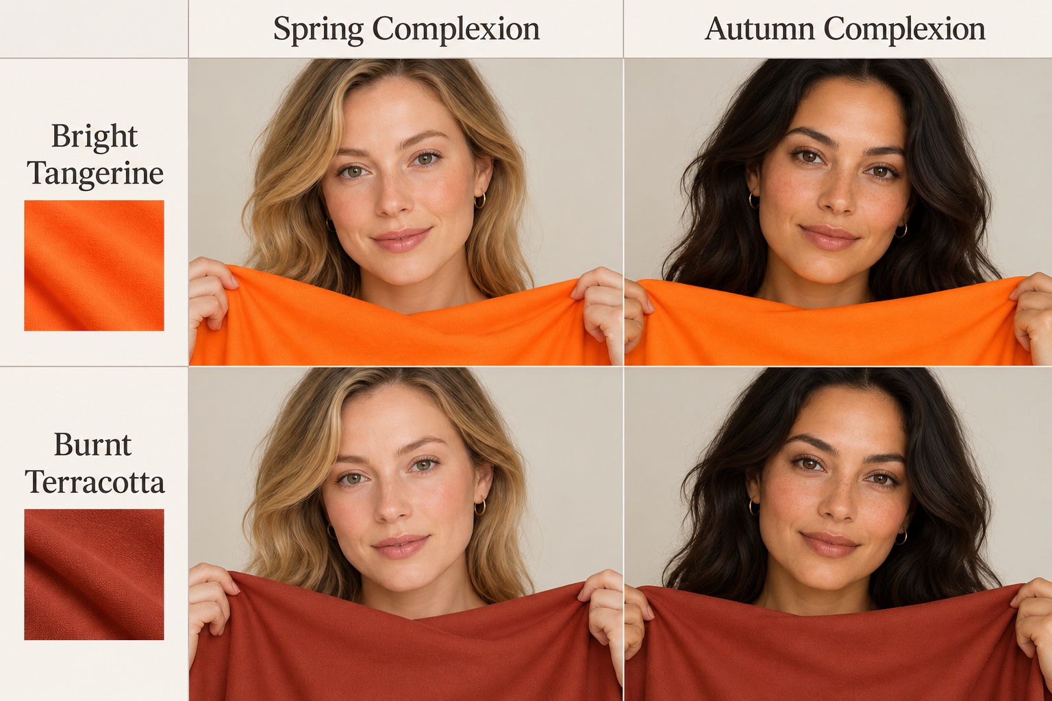 Two by two draping comparison of bright tangerine and burnt terracotta beside Spring and Autumn complexions