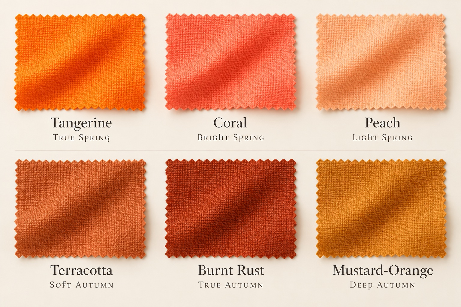 Six orange fabric swatches: tangerine True Spring, coral Bright Spring, peach Light Spring, terracotta Soft Autumn, burnt rust True Autumn, and mustard-orange Deep Autumn