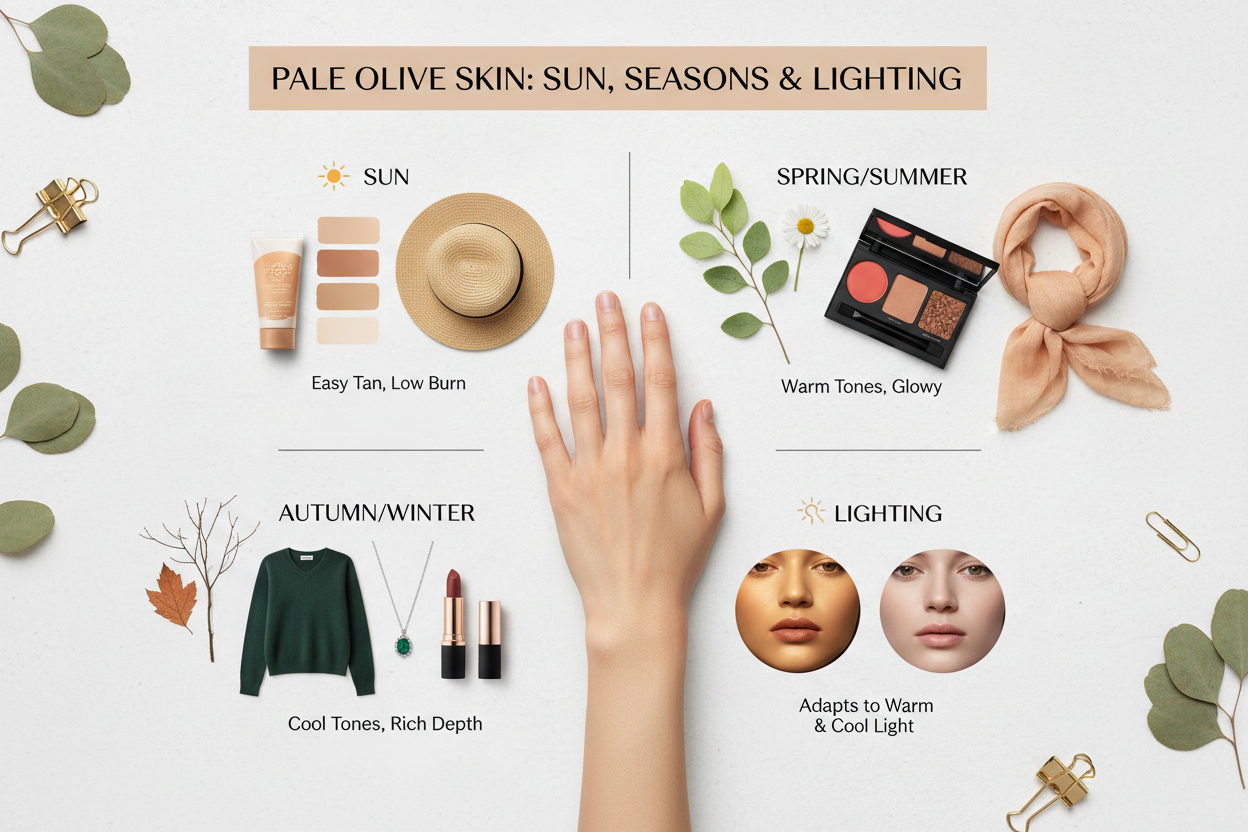 Pale Olive Skin Tone Description section visual for How Pale Olive Skin Responds to Sun, Seasons, and Lighting