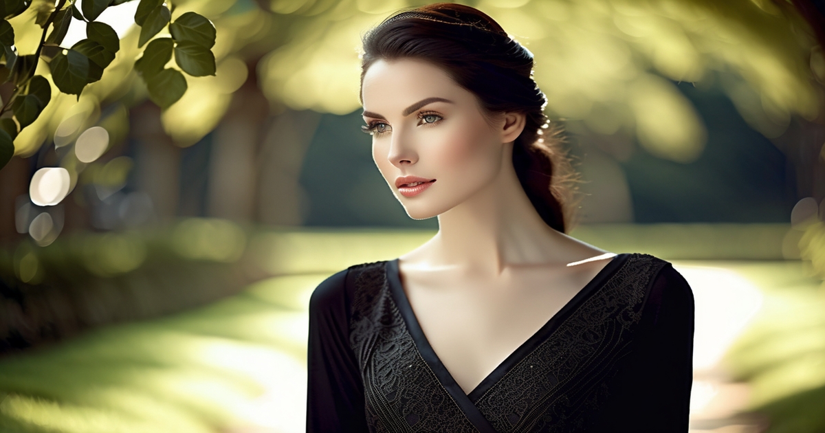 Realistic portrait of a pale-skinned woman demonstrating different contrast levels through clothing and styling choices